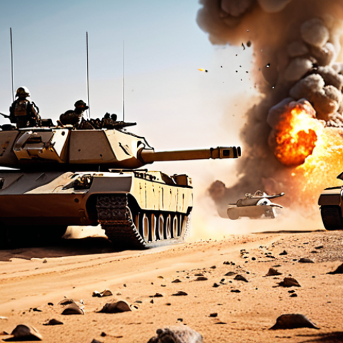 **Epic Top War Battle Scene:** A massive clash between two armies in a desert environment. Focus on the tanks and aircraft engaging in intense combat. Include explosions, smoke, and dynamic lighting to create a sense of chaos and destruction. Make sure the hero units stand out with their unique designs and abilities. High detail, realistic style, cinematic perspective.