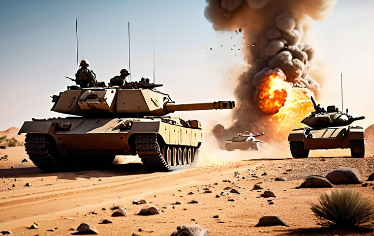 **Epic Top War Battle Scene:** A massive clash between two armies in a desert environment. Focus on the tanks and aircraft engaging in intense combat. Include explosions, smoke, and dynamic lighting to create a sense of chaos and destruction. Make sure the hero units stand out with their unique designs and abilities. High detail, realistic style, cinematic perspective.