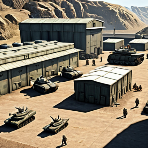 **

"A bustling military base, resource buildings active, heroes overseeing production, Top War game style, strategic overview."

**