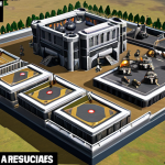**Strategic Top War Base:** A Top War base with various buildings and units, showcasing the strategic use of power-ups and resources for upgrades and defense. Include elements that highlight speed-ups, resource collection, and attack/defense boosts.