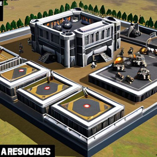 **Strategic Top War Base:** A Top War base with various buildings and units, showcasing the strategic use of power-ups and resources for upgrades and defense. Include elements that highlight speed-ups, resource collection, and attack/defense boosts.